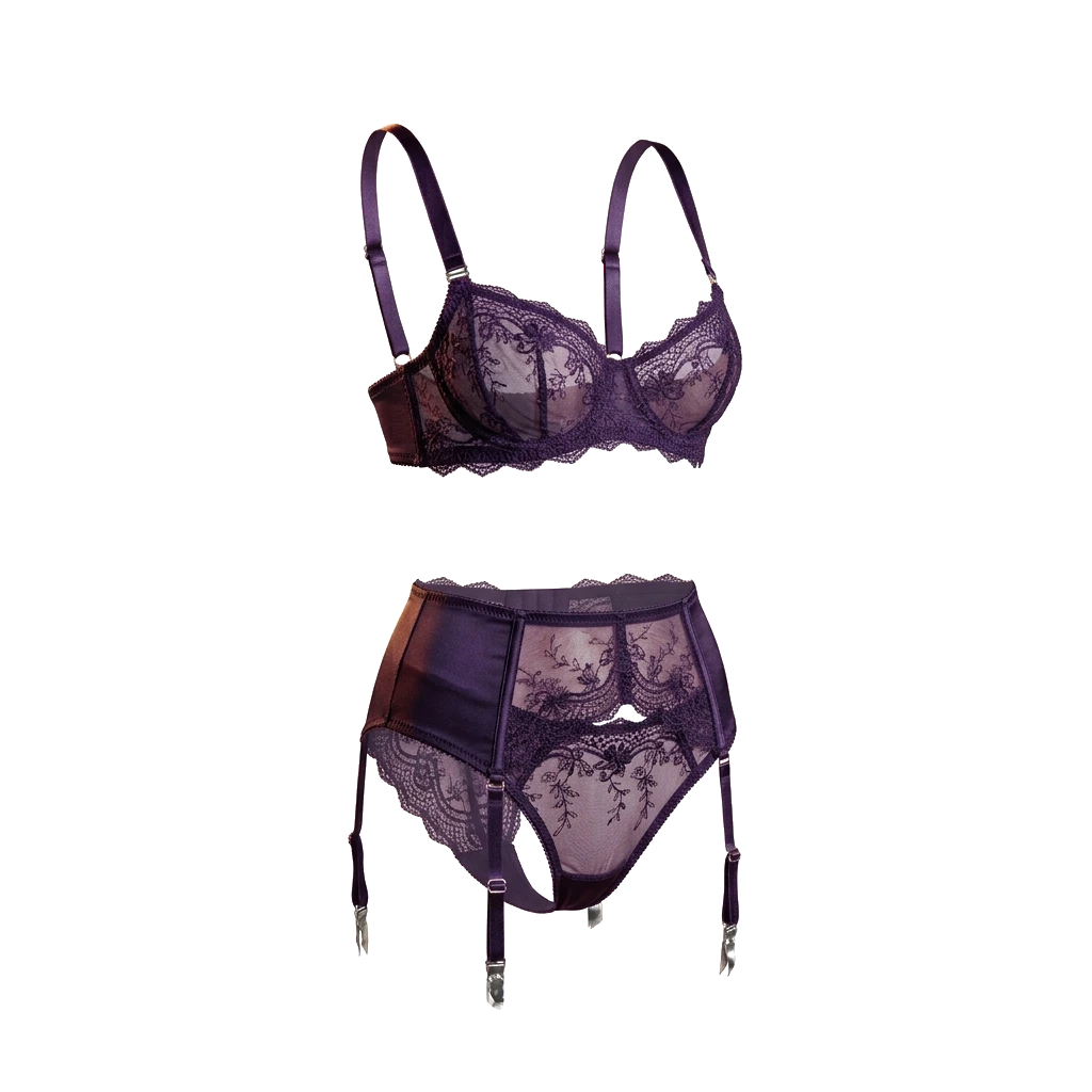 Completo in pizzo viola profondo: reggiseno, slip e reggicalze con hardware argentato